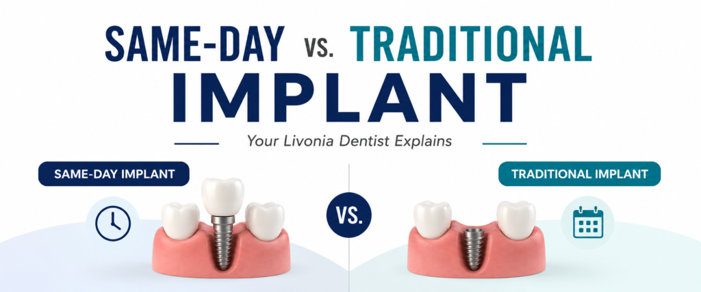 Minimal dental banner comparing same-day implants and traditional implants with side-by-side illustrations of dental implant procedures on a clean white background.