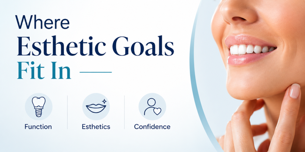 Minimal dental banner with the text “Where Esthetic Goals Fit In” alongside icons representing function, esthetics, and confidence, with a close-up image of a smiling woman on a clean white background.