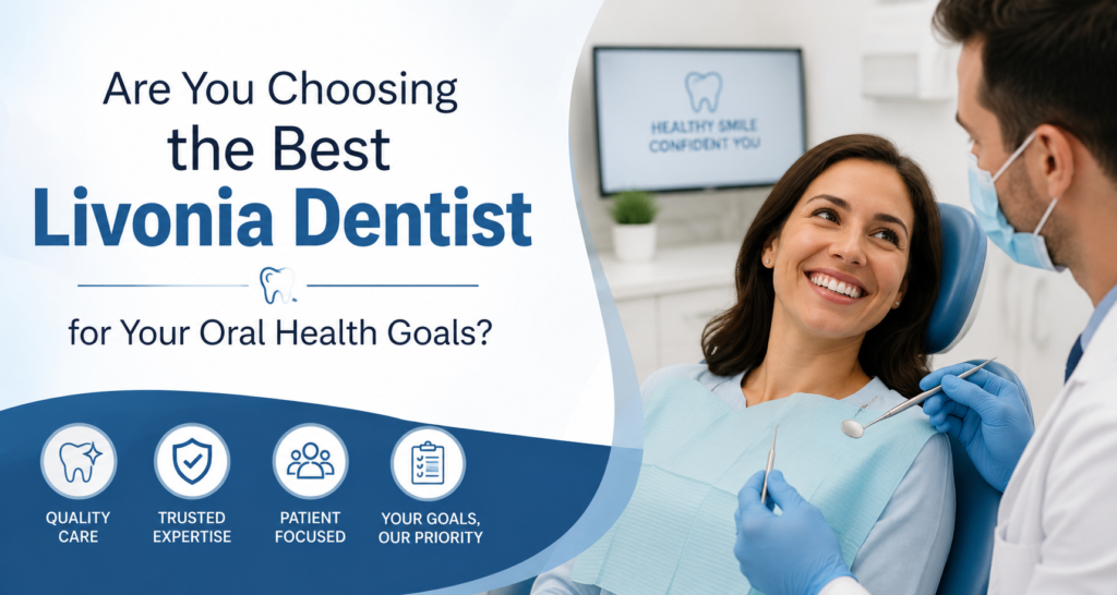 Smiling patient consulting with a Livonia dentist during a dental checkup to achieve better oral health and personalized dental care.